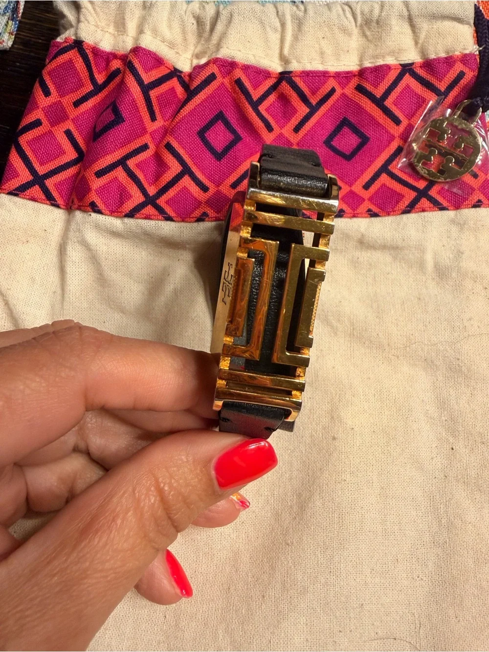 Tory Burch Leather Wrap Bracelet Fitbit band with Gold Accent - Blue